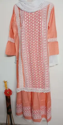Peach Color Cotton Salwar Suit Set for Women with Embroidered Kurti & Lace Detailing – Ready to Wear Ethnic Set- XXL