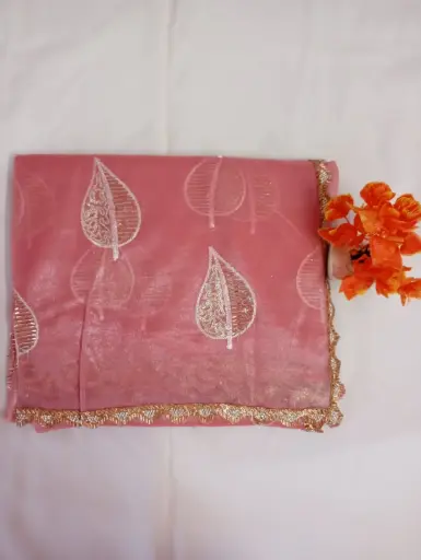 Elegant Pink Color Designer Jimmy Choo Saree with Golden Leaf Embroidery & Lace Border