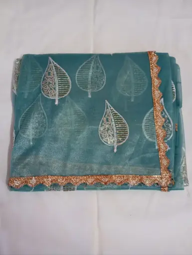  Elegant Blue Color Designer Jimmy chu Saree with Golden Leaf Embroidery & Lace Border