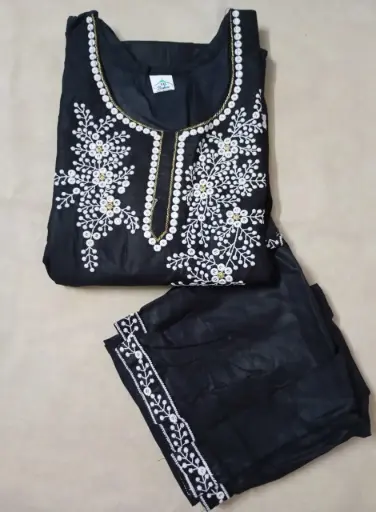 Black Embroidered Suit Set with White Floral Detailing-2 Piece Set-XXL