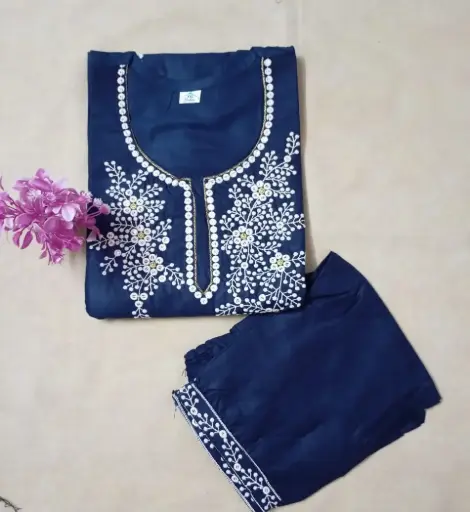Blue Embroidered Suit Set with White Floral Detailing-2 Piece Set-XXL