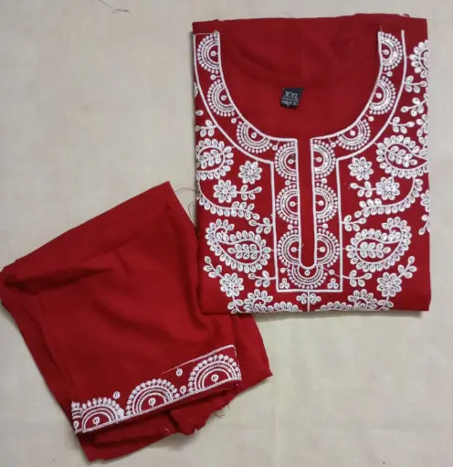 Red Cotton Chikankari Style Embrioidery Kurta Set- 2 Piece Set- XXL